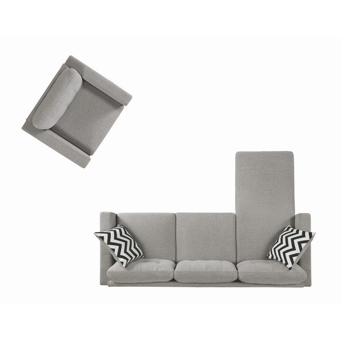 Fabric Upholstered Wooden Chair with Button Tufted Back and Contrast Pillows, Gray and Black