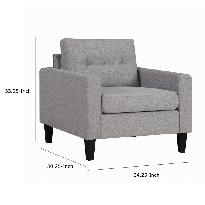Fabric Upholstered Wooden Chair with Button Tufted Back and Contrast Pillows, Gray and Black