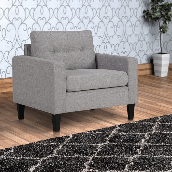 Fabric Upholstered Wooden Chair with Button Tufted Back and Contrast Pillows, Gray and Black