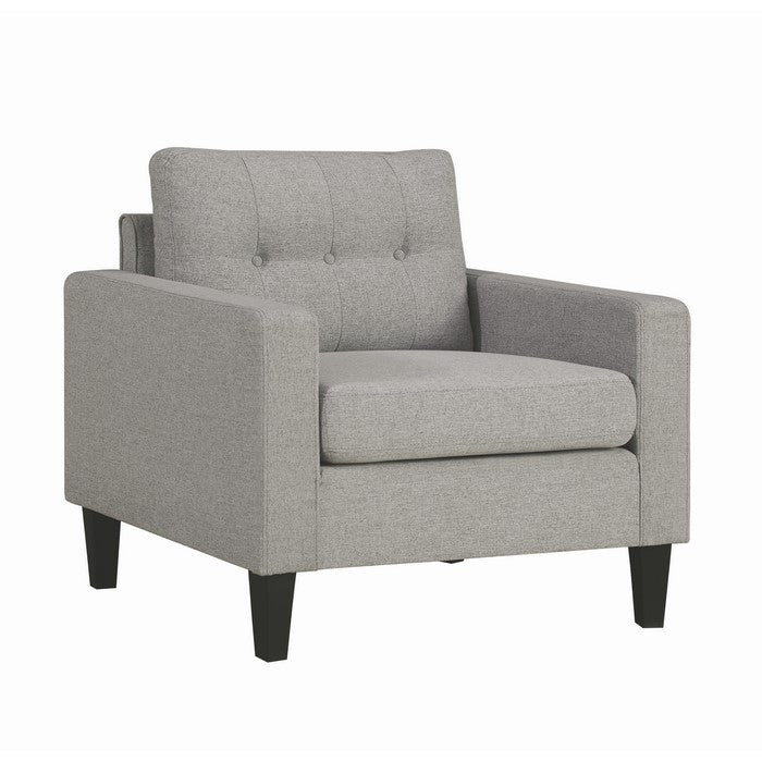 Fabric Upholstered Wooden Chair with Button Tufted Back and Contrast Pillows, Gray and Black