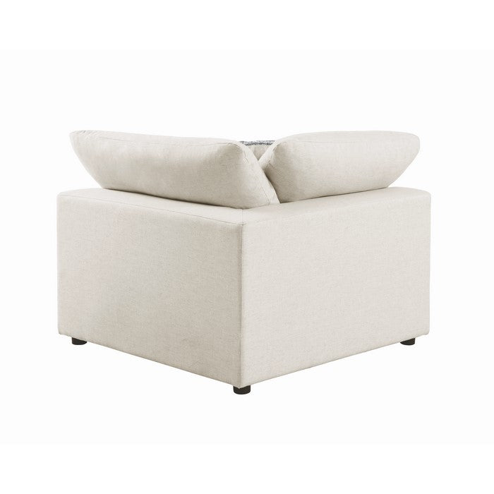 Fabric Upholstered Wooden Corner Chair with Loose Cushion Seat and Small Feet, Beige