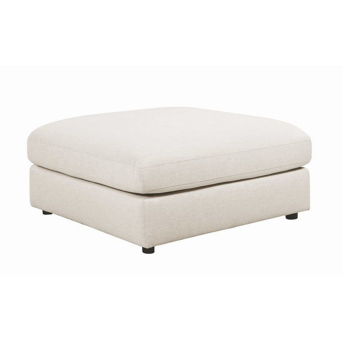 Fabric Upholstered Wooden Ottoman with Loose Cushion Seat and Small Feet, Beige