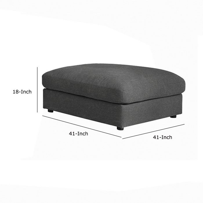 Fabric Upholstered Wooden Ottoman with Loose Cushion Seat and Small Feet, Dark Gray