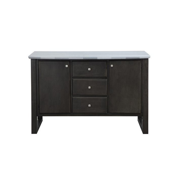 Marble Top Wooden Server with 2 Cabinets and 3 Drawers, Gray and White