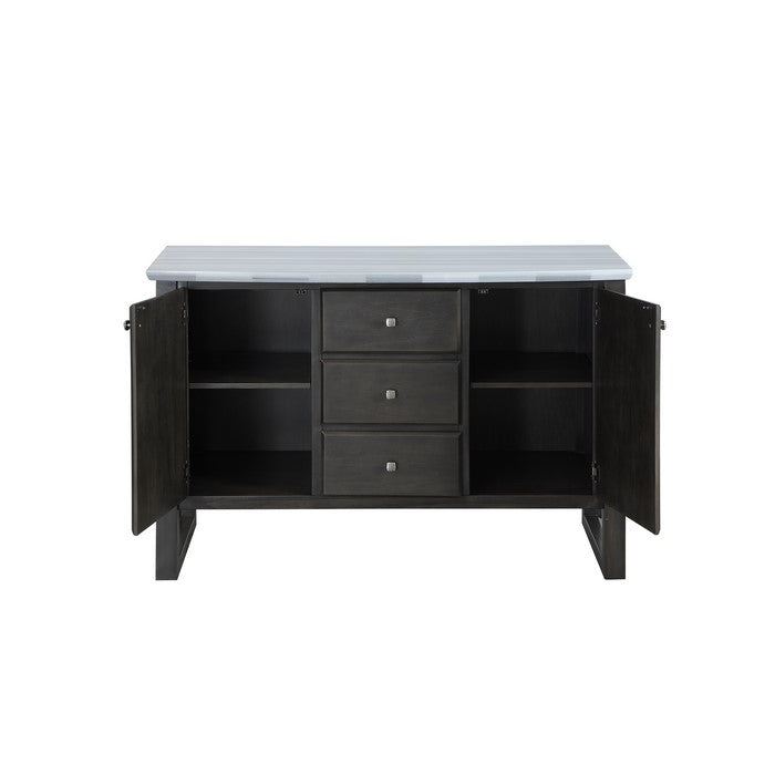 Marble Top Wooden Server with 2 Cabinets and 3 Drawers, Gray and White