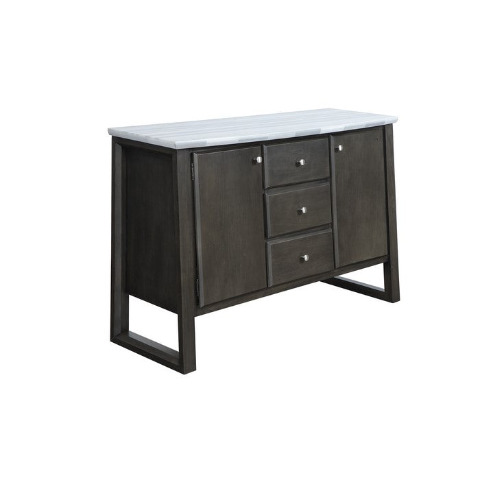 Marble Top Wooden Server with 2 Cabinets and 3 Drawers, Gray and White