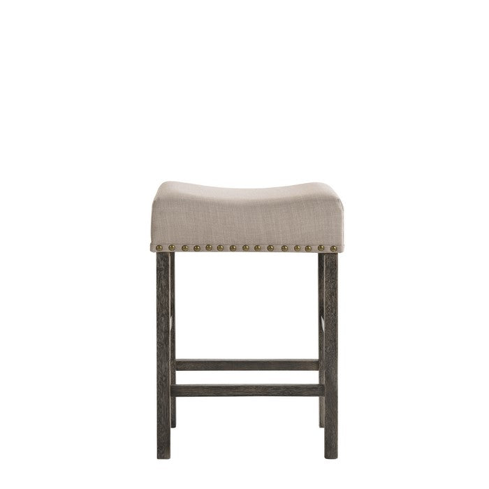 Wooden Counter Height Stool with Linen Upholstered Saddle Seat, Set of 2, Beige and Gray