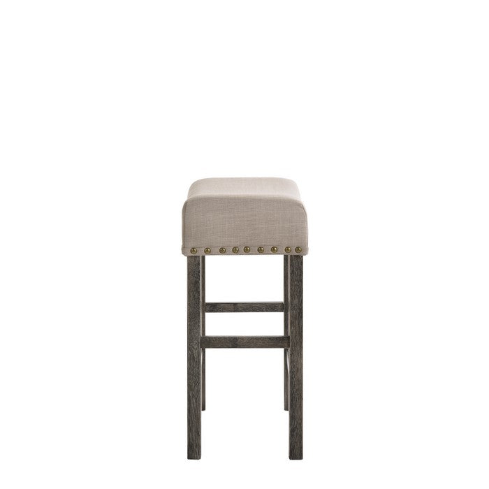 Wooden Counter Height Stool with Linen Upholstered Saddle Seat, Set of 2, Beige and Gray