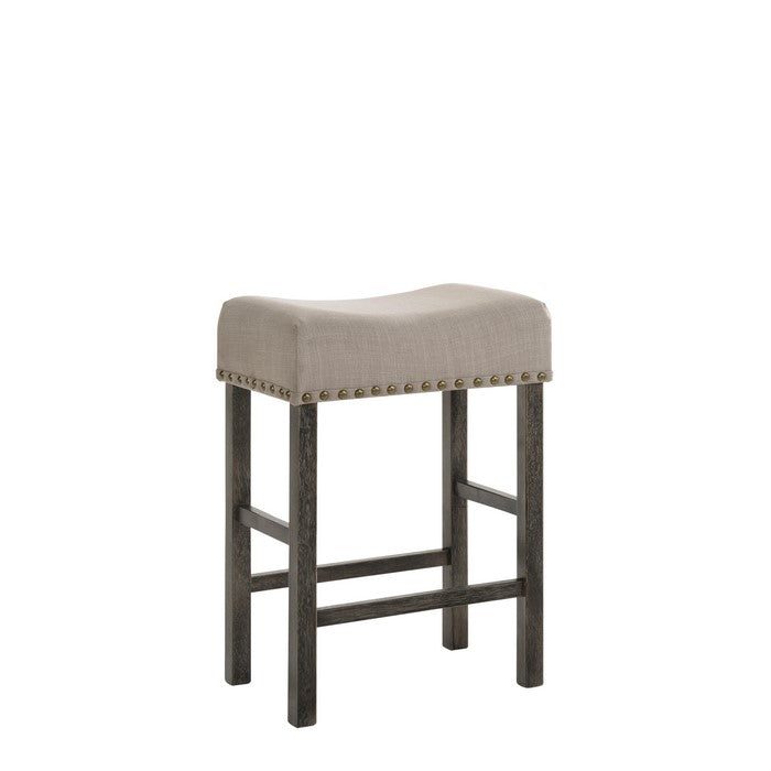 Wooden Counter Height Stool with Linen Upholstered Saddle Seat, Set of 2, Beige and Gray
