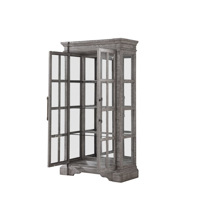Glass Door Wooden Curio Cabinet with Molded Trim Top and Bracket Feet, Gray