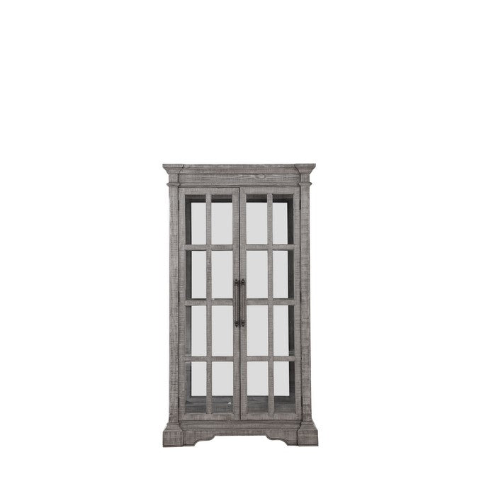 Glass Door Wooden Curio Cabinet with Molded Trim Top and Bracket Feet, Gray