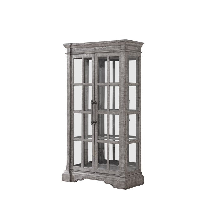 Glass Door Wooden Curio Cabinet with Molded Trim Top and Bracket Feet, Gray