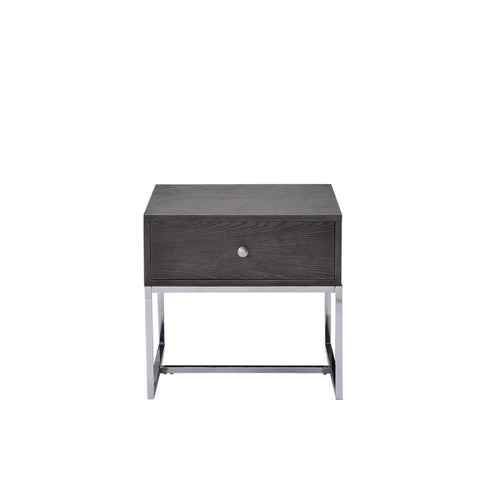 Wooden End Table with Tubular Metal Base and Spacious Drawer, Gray and Silver