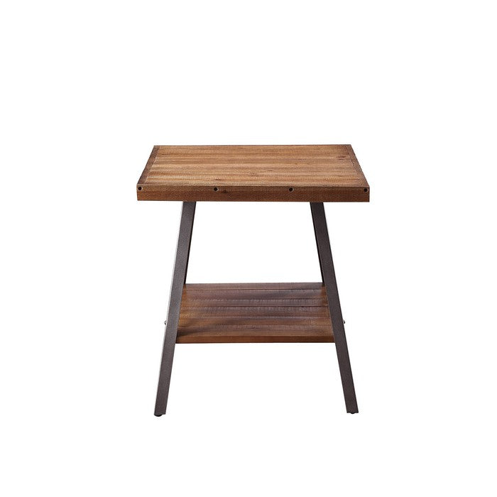 Industrial Metal and Wood End Table with Bottom Shelf, Set of Two, Brown and Black