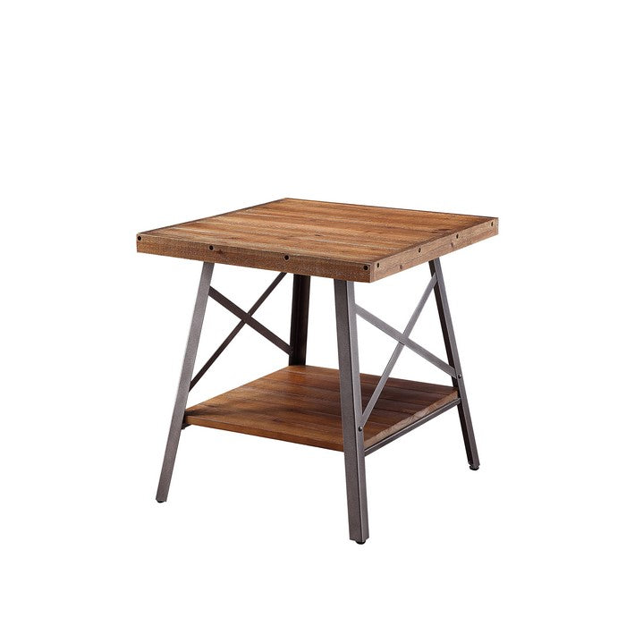 Industrial Metal and Wood End Table with Bottom Shelf, Set of Two, Brown and Black