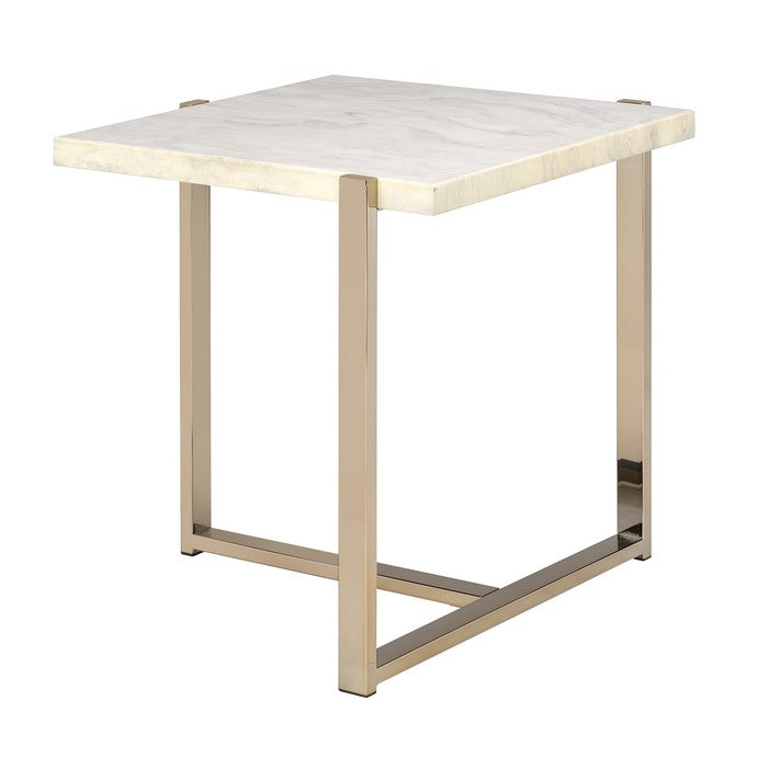 Modern Style Marbleized Wooden End Table with Tubular Metal Frame, Gold and White