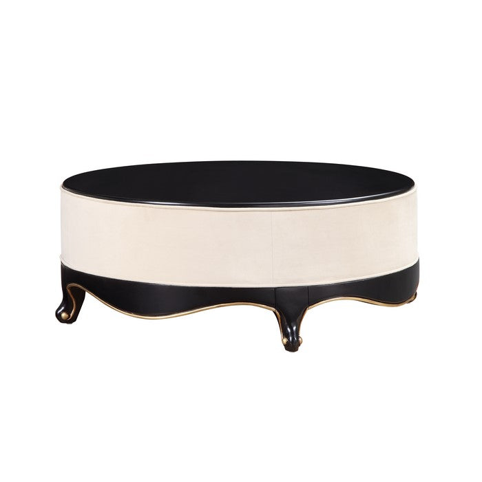 Round Wooden Cocktail Table with Fabric Center and Sabre Leg Support, Brown and Cream