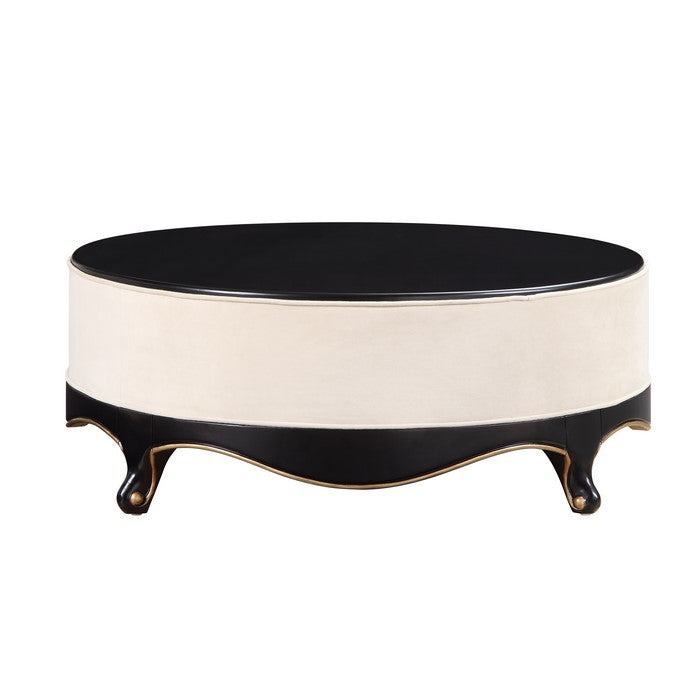Round Wooden Cocktail Table with Fabric Center and Sabre Leg Support, Brown and Cream