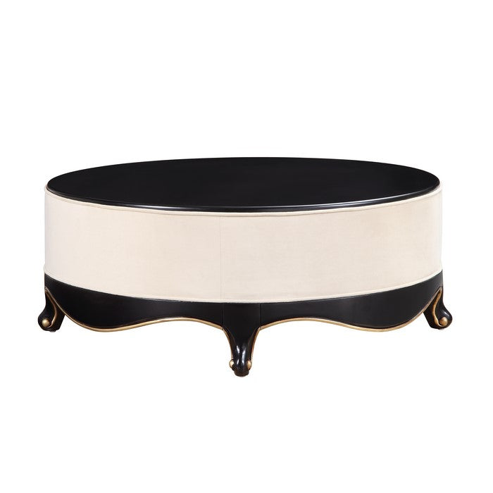 Round Wooden Cocktail Table with Fabric Center and Sabre Leg Support, Brown and Cream