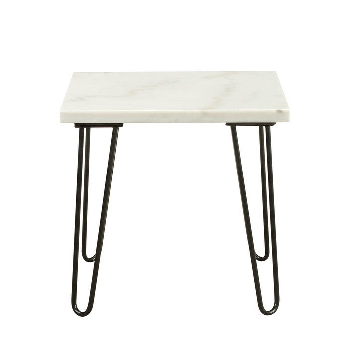 Marble Top End Table with Metal Hairpin Legs, White and Black