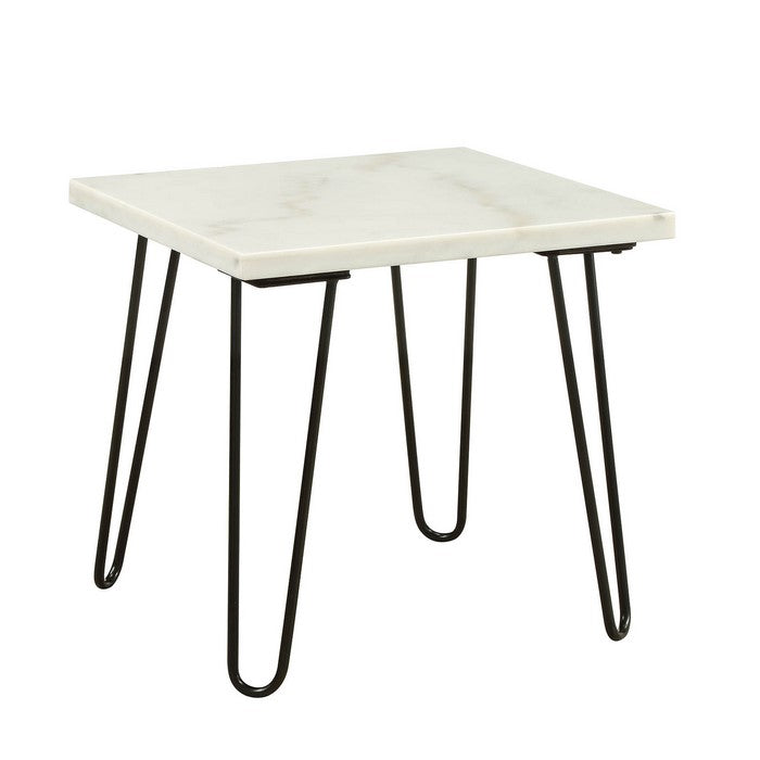 Marble Top End Table with Metal Hairpin Legs, White and Black