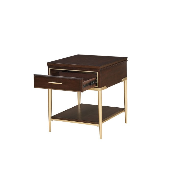 Metal and Wood End Table with Open Bottom Shelf and Drawer, Brown and Gold