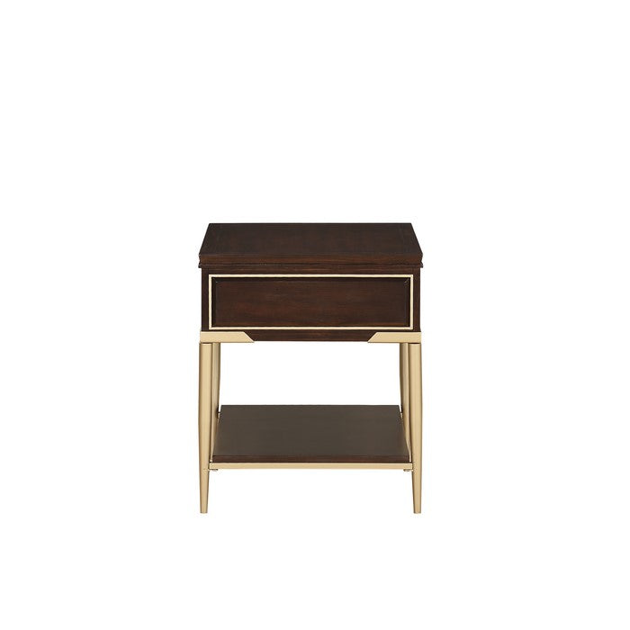 Metal and Wood End Table with Open Bottom Shelf and Drawer, Brown and Gold