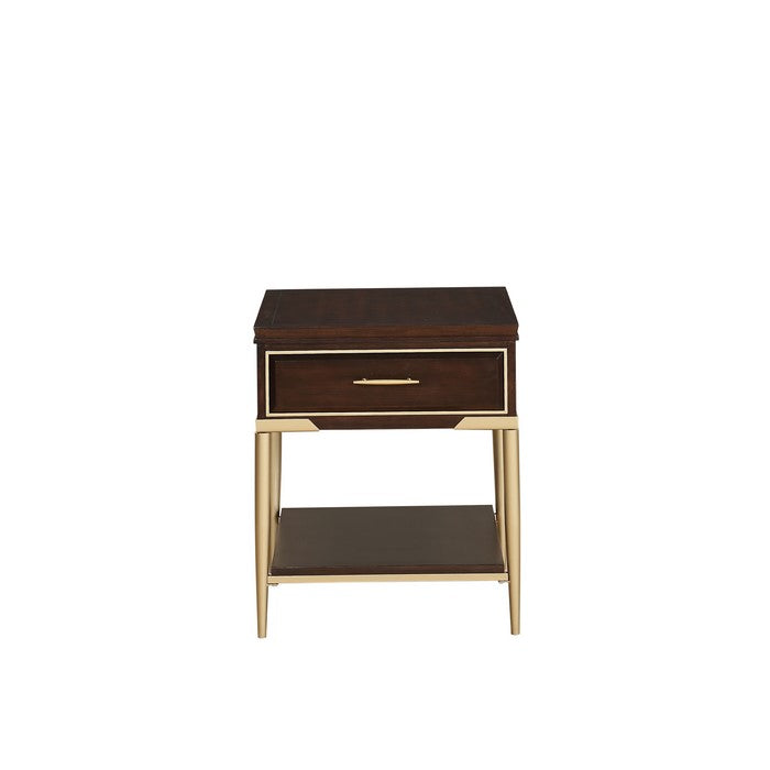 Metal and Wood End Table with Open Bottom Shelf and Drawer, Brown and Gold