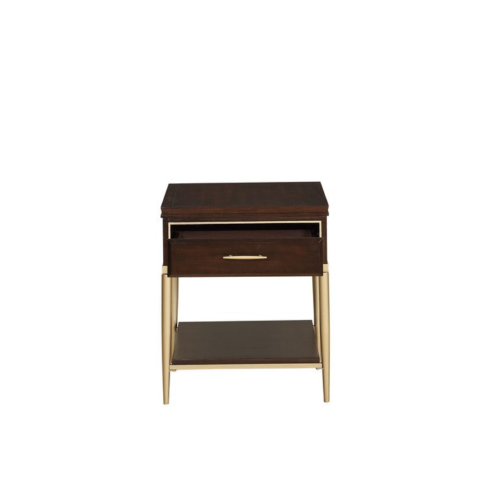 Metal and Wood End Table with Open Bottom Shelf and Drawer, Brown and Gold
