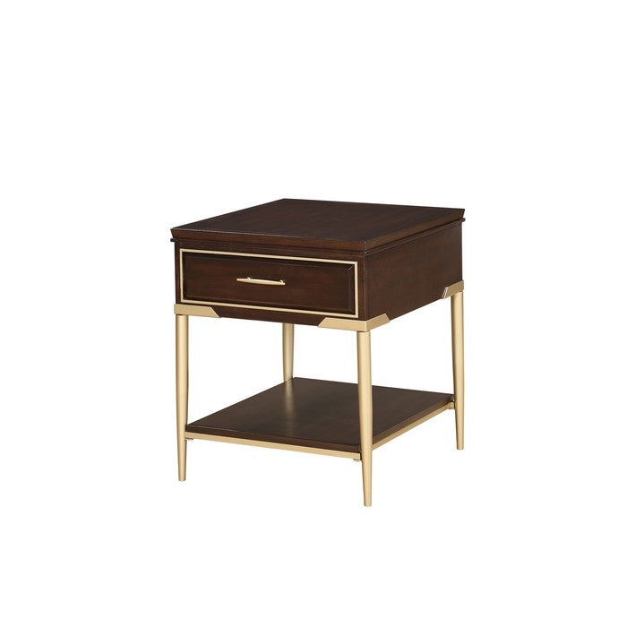 Metal and Wood End Table with Open Bottom Shelf and Drawer, Brown and Gold