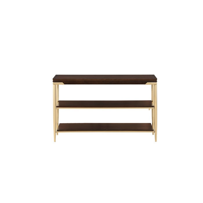 Transitional Style Wooden Sofa Table with 2 shelves and Tapered Metal Legs, Brown and Gold