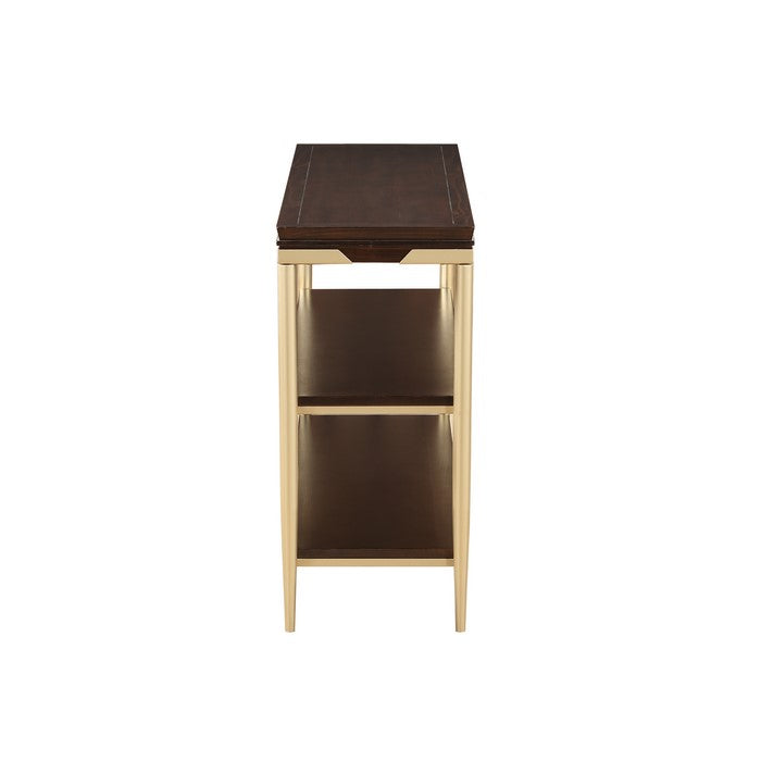 Transitional Style Wooden Sofa Table with 2 shelves and Tapered Metal Legs, Brown and Gold