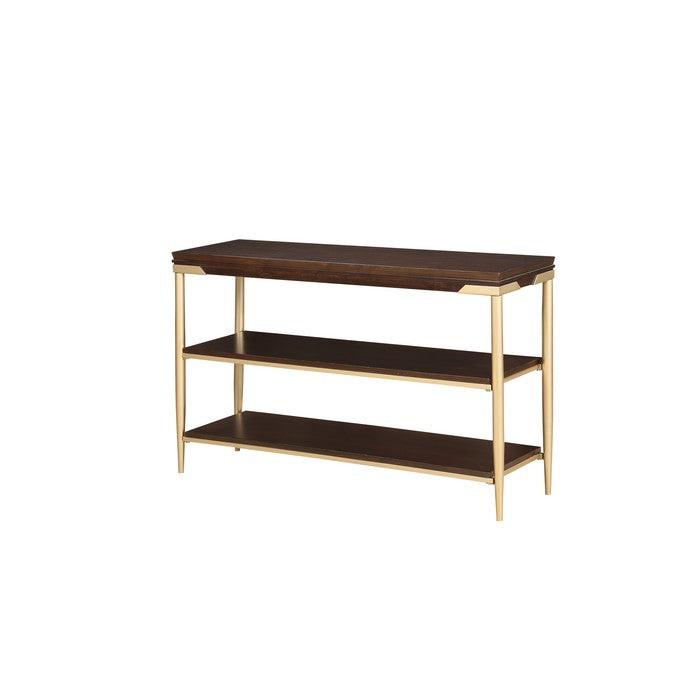 Transitional Style Wooden Sofa Table with 2 shelves and Tapered Metal Legs, Brown and Gold