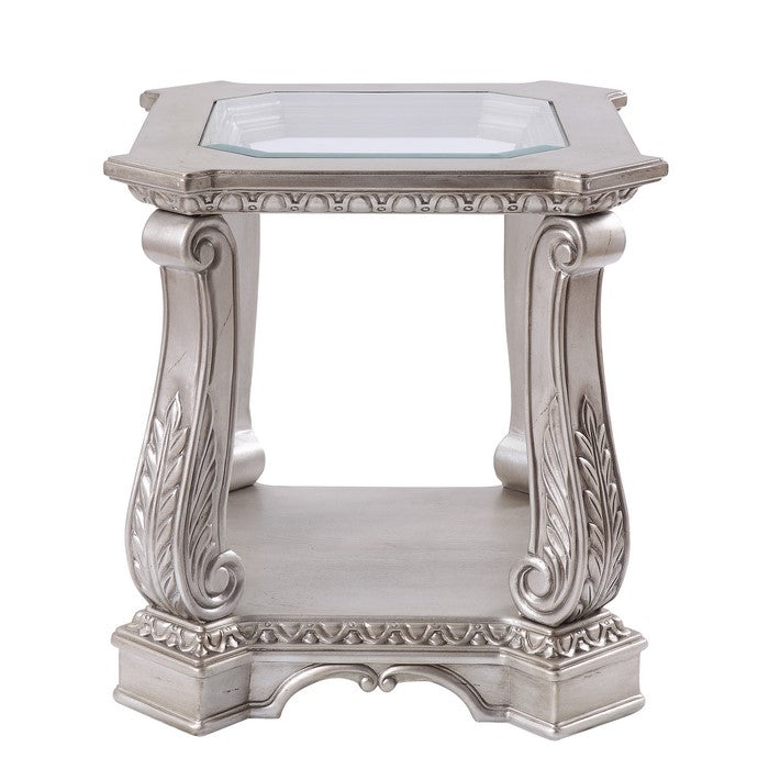 Antique Wooden End Table with Polyresin Engravings and Glass Top, Silver and Clear