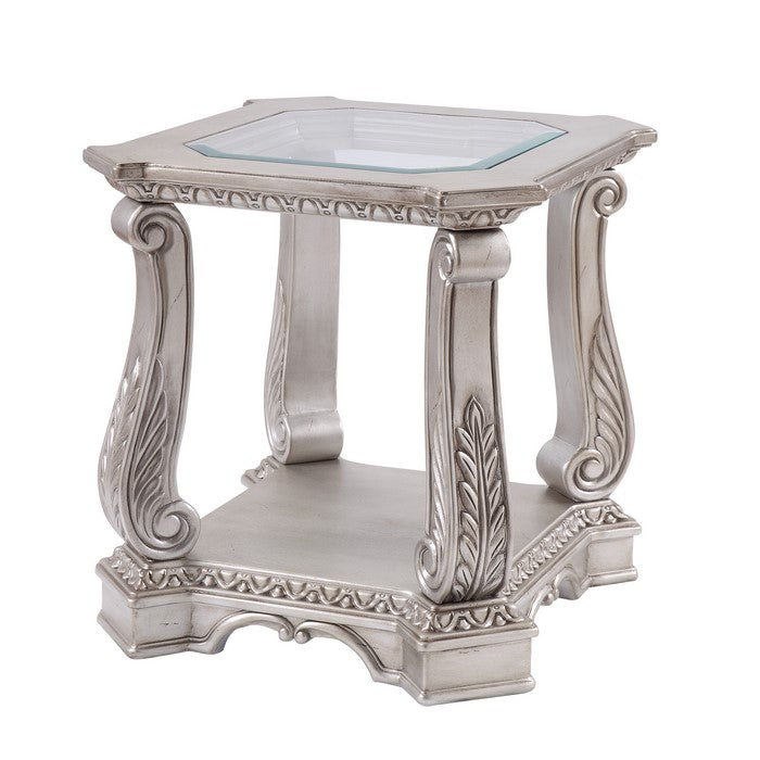 Antique Wooden End Table with Polyresin Engravings and Glass Top, Silver and Clear