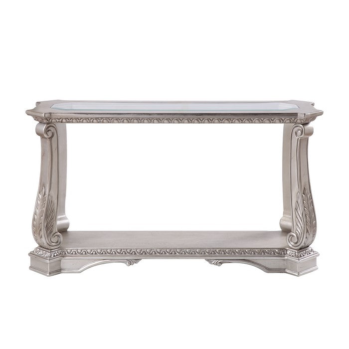 Antique Sofa Table with Polyresin Engravings and Clear Glass Top, Silver and Clear
