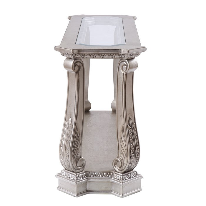 Antique Sofa Table with Polyresin Engravings and Clear Glass Top, Silver and Clear