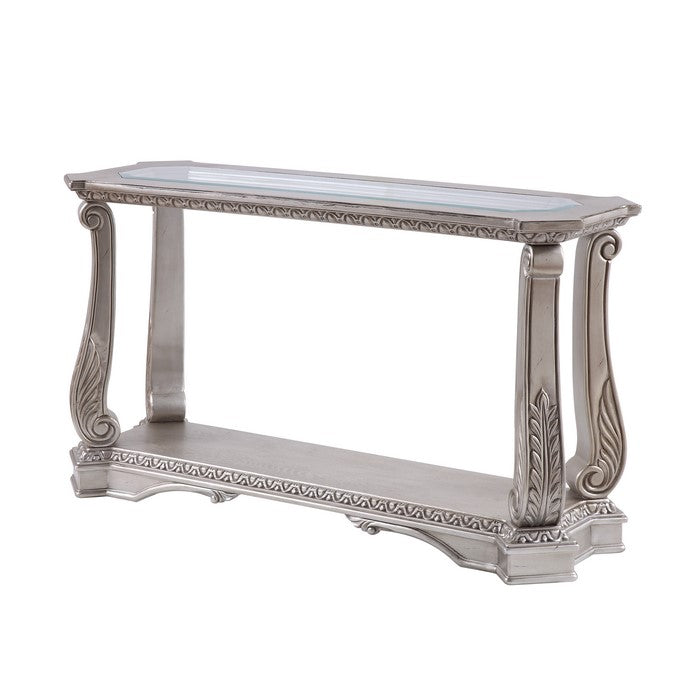 Antique Sofa Table with Polyresin Engravings and Clear Glass Top, Silver and Clear