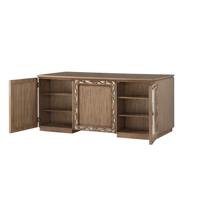 Spacious Wooden Executive Desk with Mirror fronts and Raised Scrolled Floral Details, Brown