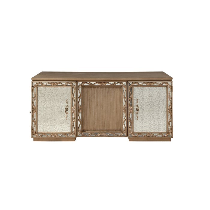 Spacious Wooden Executive Desk with Mirror fronts and Raised Scrolled Floral Details, Brown