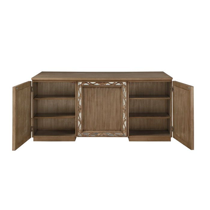 Spacious Wooden Executive Desk with Mirror fronts and Raised Scrolled Floral Details, Brown
