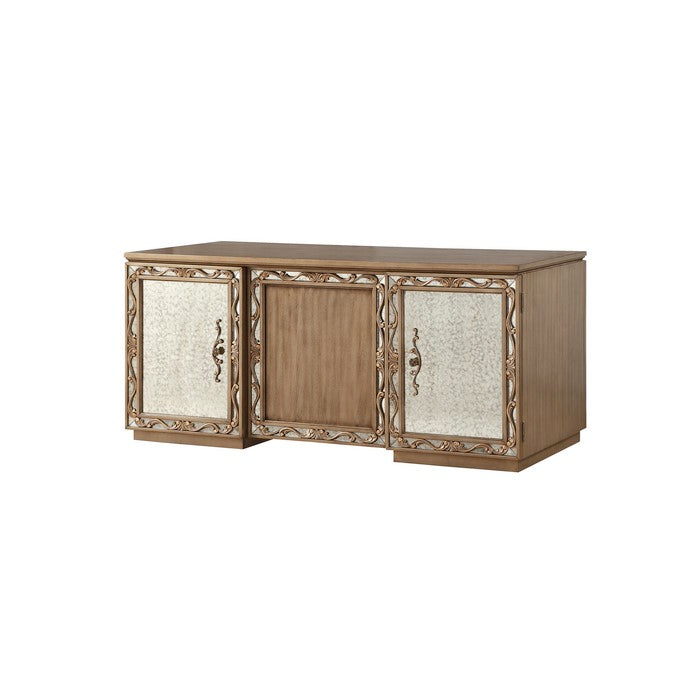 Spacious Wooden Executive Desk with Mirror fronts and Raised Scrolled Floral Details, Brown