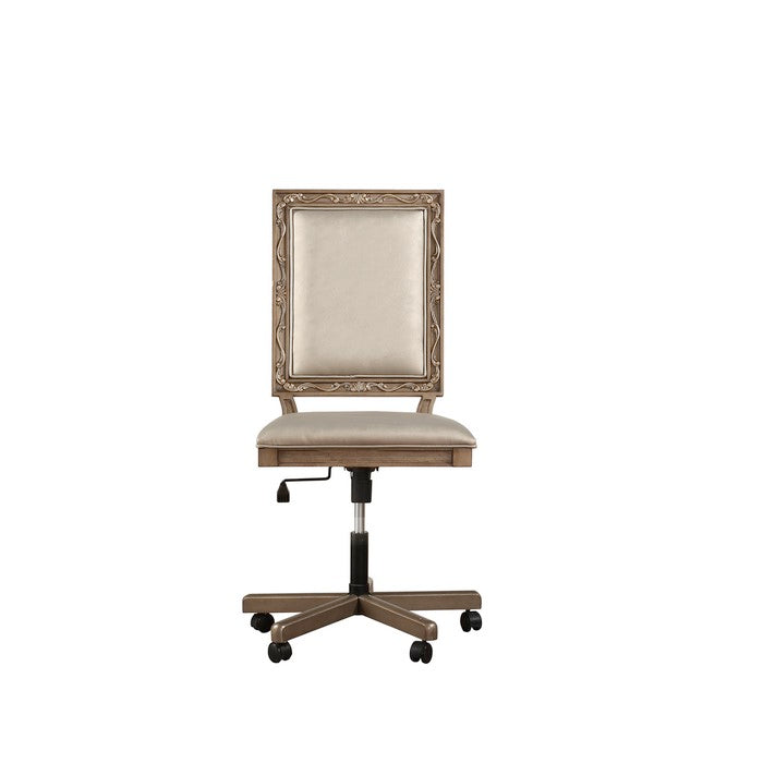 Wooden Executive Office Chair with Leatherette Upholstered Seat and Back, Brown and Beige