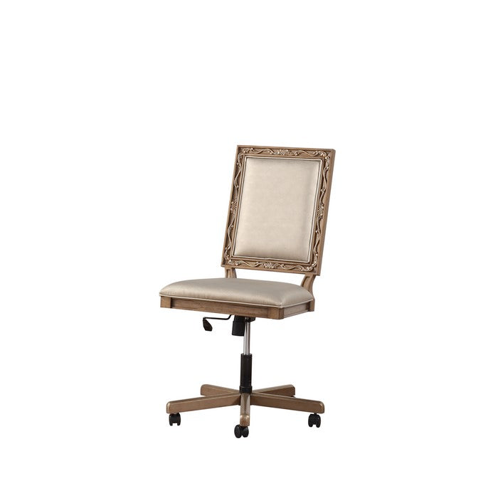 Wooden Executive Office Chair with Leatherette Upholstered Seat and Back, Brown and Beige