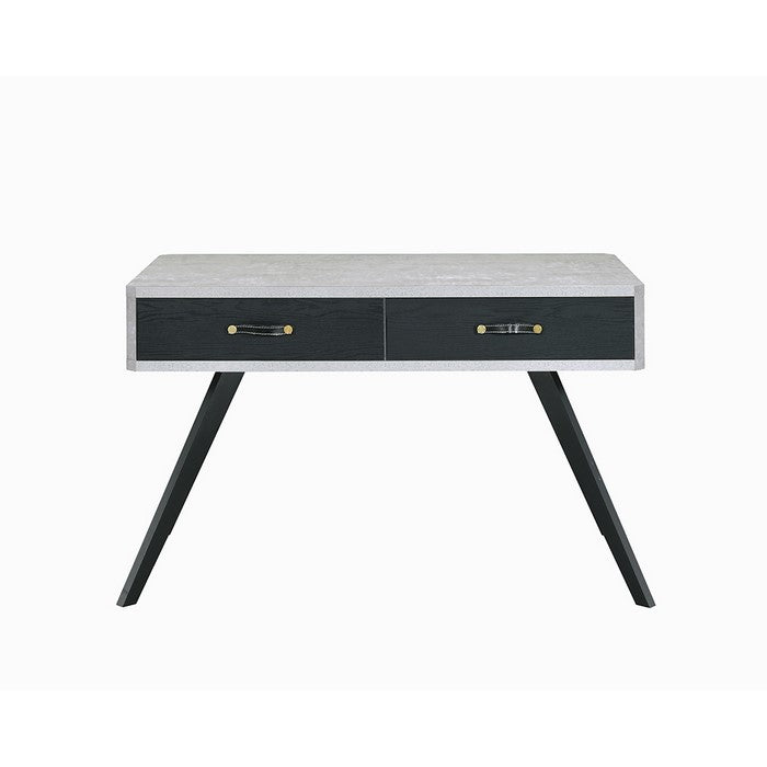 Faux Concrete Desk with Two Drawers and Flared Legs, Black and Gray