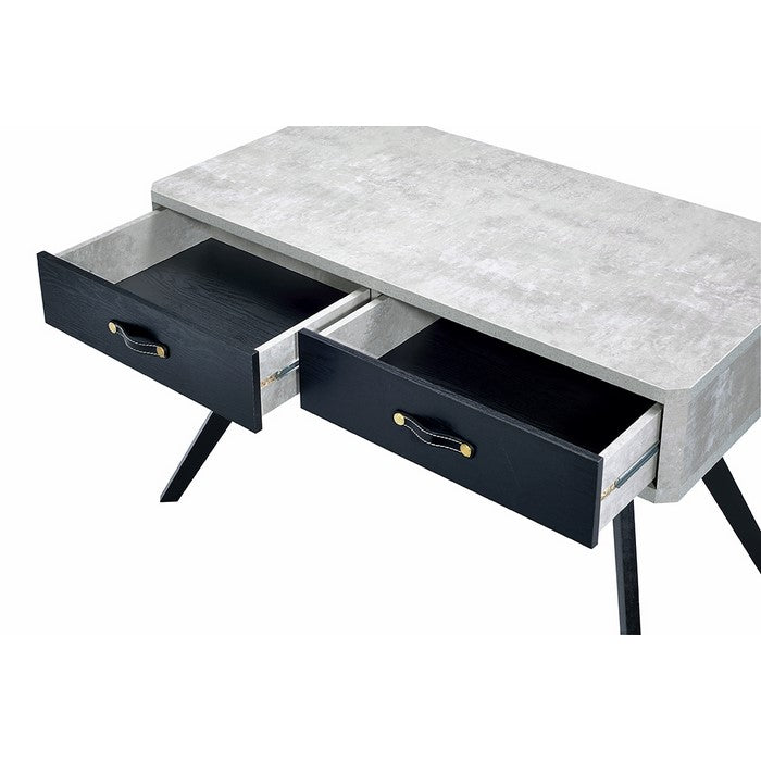Faux Concrete Desk with Two Drawers and Flared Legs, Black and Gray