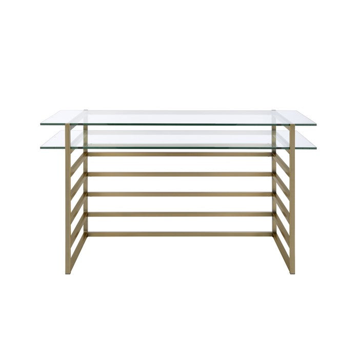 Glass Top Desk with Slatted Metal Base, Gold and Clear