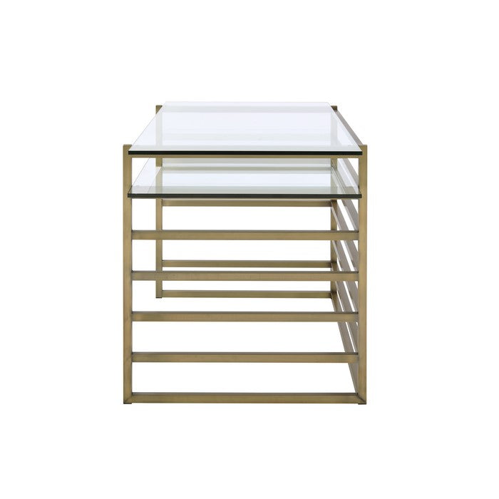 Glass Top Desk with Slatted Metal Base, Gold and Clear