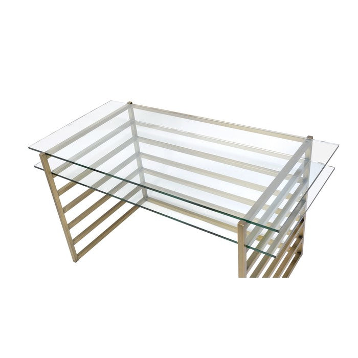 Glass Top Desk with Slatted Metal Base, Gold and Clear