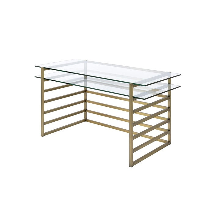 Glass Top Desk with Slatted Metal Base, Gold and Clear